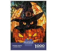 Jigsaw for Teenagers1000 Pieces Black Cat in Pumpkin Stained Glass Puzzle for Adults Brain Teaser Game Wall Decoration Stress Reduction Gifts 70x50cm/1000pcs