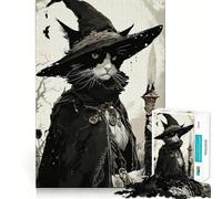 Jigsaw for Teenagers1000 Pieces Cat Witch with Staff in Forest Tight Cut Fun Logic Puzzle Play Relax Fun Time Christmas Art Gift (50x75cm)