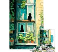 Jigsaw for Teenagers1000 Pieces Cats in Window with Plants Challenging To Complete Analysis And Logic Educational Game for And 14 Years And over (50X75cm)