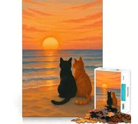 Jigsaw for Teenagers1000 Pieces Cats Watching Sunset at The Beach Tight Cut Fun Logic Puzzle Play Relax Fun Time Christmas Art Gift (38x52cm)