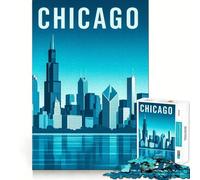 Jigsaw for Teenagers1000 Pieces Chicago Skyline Illustration in Blue Tones Tight Cut Fun Logic Puzzle Play Relax Fun Time Christmas Art Gift (38x52cm)