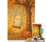 Jigsaw for Teenagers1000 Pieces Cute Ghost on Swing with Pumpkin, Anti-Stress Toys, Difficult Challenge, Enhance Love between Couples 38x52cm