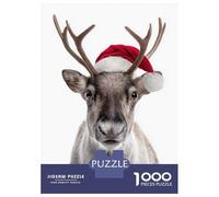 Jigsaw for Teenagers1000 Pieces Reindeer with Santa Hat Puzzle for Adults Brain Teaser Game Wall Decoration Stress Reduction Gifts 52x38cm/1000pcs