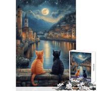 Jigsaw for Teenagers1000 Pieces Two Cats Under The Moon Educational Game Staycation Kill Time Educational Toy with Matching Poster And Trivia Sheet (50X75cm)