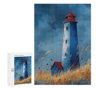 Jigsaw for Teenagerss300 PCS Watercolor Lighthouse Art Blue Lighthouse with Grasses Calm Coastal Print Puzzle for Adults Fun Games Difficult Challenge Deal As Gifts for The Whole Family 300 PCS