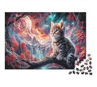 Jigsaw Kitten on Branch, Moonlit Falls Puzzle Fun Challenge Educational Toy, Pet Home Decoration Challenging, Great Gift Adults 70x50cm/1000pcs