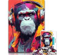 Jigsaw Monkey with Headphones Jigsaw Puzzle 1000 Pieces for Adults,Toys Educational Games Stress Relieving Artists Collection, Fine Art 26x38cm