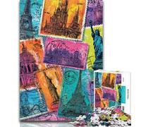 Jigsaw Paris Stamp Collage 1000 Pieces Jigsaw Puzzle for Adults& Teens,Educational Game for Birthday, Chrismas for Ages 14+ 26x38cm