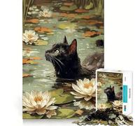 Jigsaw Puzzle 1000 Black Cat in Lily Pond Exact Cut Play, Logic Skill Play, Relax Time Game, Christmas Home Art (50x75cm)