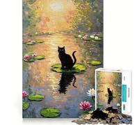 Jigsaw Puzzle 1000 Black Cat on Lily Pad Painting Exact Cut Play, Logic Skill Play, Relax Time Game, Christmas Home Art (50x75cm)