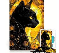 Jigsaw Puzzle 1000 Black Cat with Golden Stained Glass Accurate Joint Fun, Smart Brain Activity, Slow Time Fun, Birthday Game Gift (50x75cm)
