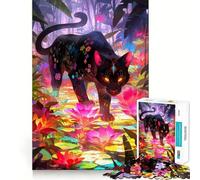 Jigsaw Puzzle 1000 Black Panther in A Floral Jungle Flawless Fit Art, Smart Play Activity, Downtime Game Fun, Birthday Game Gift (38x26cm)