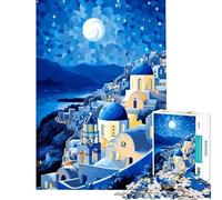 Jigsaw Puzzle 1000 Blue Greece Night Art Educational Game Brain Intelligence Challenge Addictive Toys Secret Santa Gifts Birthday Present (Size 38x52cm)