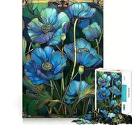 Jigsaw Puzzle 1000 Blue Poppy Stained Glass Exact Cut Play, Logic Skill Play, Relax Time Game, Christmas Home Art (38x52cm)