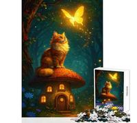 Jigsaw Puzzle 1000 Cat on Mushroom House with Butterfly Anti-Stress Toys Gift For Birthdays Educational Game with Fully Interlocking Randomly Shaped Pieces Size 38x26cm