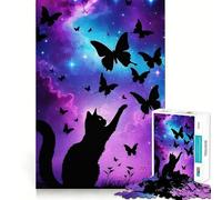 Jigsaw Puzzle 1000 Cat Reaching for Butterflies in Space Exact Cut Art Logic Thinking Play Calm Play Time Birthday Activity (50x75cm)