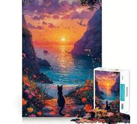 Jigsaw Puzzle 1000 Cat Watching Sunset by The Sea Exact Cut Art Logic Thinking Play Calm Play Time Birthday Activity (38x26cm)