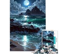 Jigsaw Puzzle 1000 Moonlit Ocean Waves Crashing on Shore Educational Game Brain Intelligence Challenge Addictive Toys Secret Santa Gifts Birthday Present (Size 38x52cm)