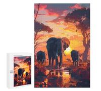 Jigsaw Puzzle 1000 PCS Elephants Sunset Savanna Puzzles for Teenagerss Stress Reliever Educational Challenge Unique Birthday And Gifts 1000 PCS