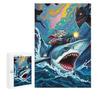 Jigsaw Puzzle 1000 PCS for Adults Cat with Guns Riding Shark Jigsaw for Adults Hands-on Game Wall Decoration Help The Brain Exercise 1000 PCS