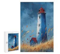 Jigsaw Puzzle 1000 PCS for Adults Watercolor Lighthouse Art Blue Lighthouse with Grasses Calm Coastal Print Jigsaws for Adults DIY Toys But Fun And Humorous for Birthday, Chrismas 1000 PCS