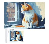 Jigsaw Puzzle 1000 PCS for Teenagerss Painted Orange And White Cat by Window Jigsaws for Adults Family Games Hand Speed Race for Birthday, Chrismas 1000 PCS