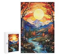 Jigsaw Puzzle 1000 PCS for Teenagerss Stained Glass Autumn Landscape with River Puzzles for Adults Family Game Home Decoration for Birthday, Chrismas 1000 PCS