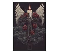 Jigsaw Puzzle 1000 PCS Gothic Cross with Roses And Wings Jigsaw for Adults Toy Wall Decor Staycation Kill Time Unique Birthday And Gifts 1000 PCS