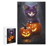 Jigsaw Puzzle 1000 PCS Halloween Purple Cat with Pumpkins Jigsaws for Adults Puzzle Birthday Present Difficult And Challenge Challenging Game Gifts 1000 PCS