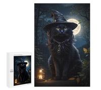 Jigsaw Puzzle 1000 PCS Magical Black Cat with Witch Hat Puzzles for Teenagerss Stress Reliever Educational Challenge Unique Birthday And Gifts 1000 PCS