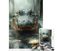 Jigsaw Puzzle 1000 Piece Alligator in Swamp with Lily Pad Anti-Stress Toys Great Gift for Games for Educational Game Artists Collection, Fine Art Size 38x26cm