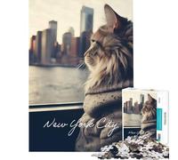 Jigsaw Puzzle 1000 Piece Beautiful Cat NYC View Practical Game Addictive Toys to Cultivate Patience Art Work Gifts Home Decoration (Size 75x50cm)