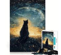 Jigsaw Puzzle 1000 Piece Black Cat Gazing at Starry Sky Neat Edge Decor Cognitive Game Toy Easy Time Fun Xmas Leisure Gift (38x52cm)