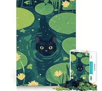Jigsaw Puzzle 1000 Piece Black Cat in Lily Pond Illustration Perfect Edge Play, Brain Training Toy, Slow Play Fun, Birthday Decor Gift (38x52cm)