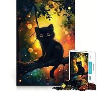 Jigsaw Puzzle 1000 Piece Black Kitten on Branch with Bokeh Lights Perfect Edge Play, Brain Training Toy, Slow Play Fun, Birthday Decor Gift (38x52cm)