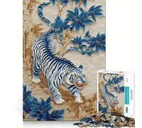 Jigsaw Puzzle 1000 Piece Blue And White Tiger Floral Art Perfect Edge Play, Brain Training Toy, Slow Play Fun, Birthday Decor Gift (38x52cm)