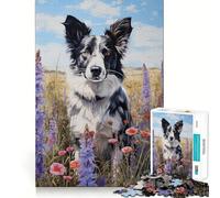Jigsaw Puzzle 1000 Piece Border Collie in Flowers Perfect Edge Play, Brain Training Toy, Slow Play Fun, Birthday Decor Gift (38x26cm)