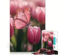 Jigsaw Puzzle 1000 Piece Butterfly on Pink Tulip Flower Neat Edge Decor Cognitive Game Toy Easy Time Fun Xmas Leisure Gift (38x52cm)