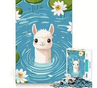 Jigsaw Puzzle 1000 Piece Cartoon Llama in Pond with Lilies Neat Edge Decor Cognitive Game Toy Easy Time Fun Xmas Leisure Gift (38x26cm)