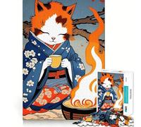 Jigsaw Puzzle 1000 Piece Cat in Kimono with Tea And Fire Neat Edge Decor Cognitive Game Toy Easy Time Fun Xmas Leisure Gift (50x75cm)