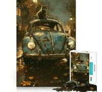 Jigsaw Puzzle 1000 Piece Cat on A Vintage Car Tight Fit Play Focus Training Fun Chill Play Time Xmas Leisure Gift (38x52cm)