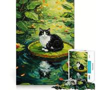 Jigsaw Puzzle 1000 Piece Cat on Lily Pad Painting Flawless Fit Art Thinking Skill Game Rest Time Play Christmas Art Gift (38x52cm)