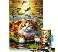 Jigsaw Puzzle 1000 Piece Cat on Lily Pad with Jumping Fish Flawless Fit Art Thinking Skill Game Rest Time Play Christmas Art Gift (38x26cm)