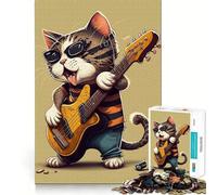 Jigsaw Puzzle 1000 Piece Cat Playing Guitar Tight Fit Play Focus Training Fun Chill Play Time Xmas Leisure Gift (38x26cm)