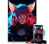 Jigsaw Puzzle 1000 Piece Catgirl Blue Pink Neon Eye Perfect Joint Game Brain Activity Fun Restful Game Fun Xmas Decor Gift (38x52cm)