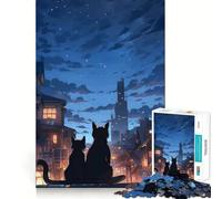 Jigsaw Puzzle 1000 Piece Cats Gazing at City Nightscape Perfect Joint Game Brain Activity Fun Restful Game Fun Xmas Decor Gift (50x75cm)