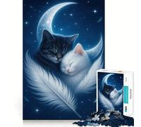 Jigsaw Puzzle 1000 Piece Cats Sleeping on Moon with Feather Perfect Joint Game Brain Activity Fun Restful Game Fun Xmas Decor Gift (38x26cm)