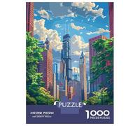 Jigsaw Puzzle 1000 Piece Chicago Skyline Illustration Puzzles for Adults Relax Games Stress Reliever Deal As Gifts for The Whole Family 38x26cm/1000pcs