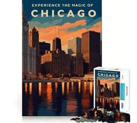 Jigsaw Puzzle 1000 Piece Chicago Skyline Sunset Travel Poster Perfect Joint Game Brain Activity Fun Restful Game Fun Xmas Decor Gift (38x52cm)