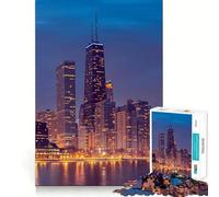 Jigsaw Puzzle 1000 Piece Chicago Skyscrapers Night Perfect Joint Game Brain Activity Fun Restful Game Fun Xmas Decor Gift (38x26cm)